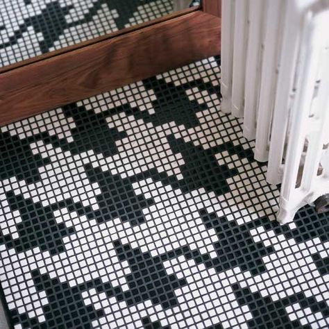 Traditional black and white mosaic tiles have been given a modern twist by being laid in a dogtooth-esque pattern. Black And White Mosaic, Herringbone Tile Floors, White Mosaic Tiles, Paint Fabric, Bathroom Plans, Mosaic Floor Tile, White Mosaic, Floor Tile Design, Tile Inspiration