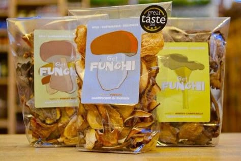 Get funchi, dried mushrooms Festival Cocktails, Mushroom Branding, Mushroom Pouch, Mushroom Packaging, Blue Meanie, Chip Packaging, Boy Toddler Bedroom, Dried Fruit Snacks, Hot Chip