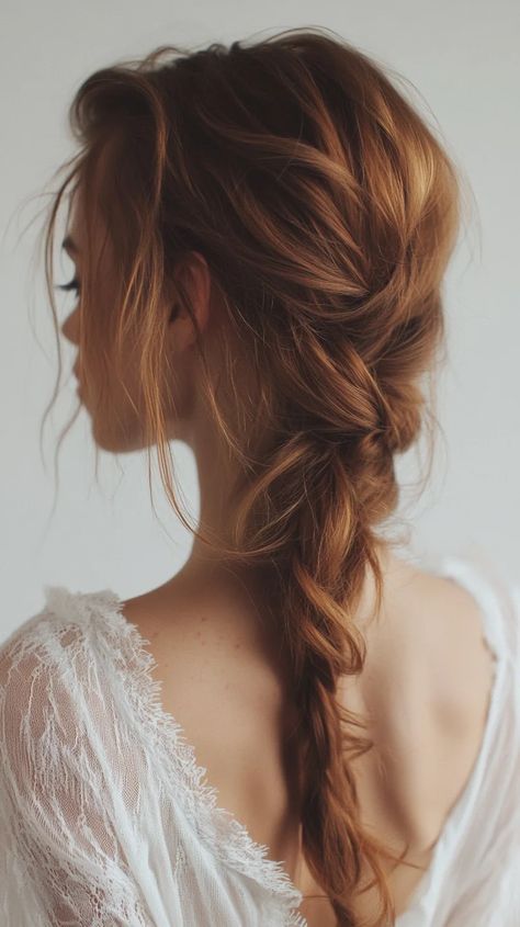 The hairstyle features a beautifully undone braid that exudes a relaxed yet romantic vibe, perfect for any casual or semi-formal occasion. The loose, textured braid adds volume and softness, making it ideal for those with medium to long hair. To achieve this look, start by curling your hair lightly with a medium to large barrel curling iron to add texture. Then, gather your hair loosely at the nape of your neck and create a three-strand braid, leaving out some pieces around the face for a soft, Textured Braid, Large Barrel Curling Iron, Messy Braid, Curling Your Hair, Medium To Long Hair, Barrel Curling Iron, Strand Braid, Fishtail Braid, Curling Iron