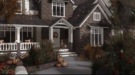 Bloxburg Autumn House Realistic, Cozy Cottage Bloxburg House, Cozy Fall Bloxburg House, Fall House Inspo Bloxburg, Halloween Mansion Bloxburg, Autumn Houses Bloxburg, Exterior House Bloxburg, Bloxburg Halloween House Exterior, Winter Bloxburg House Ideas Exterior