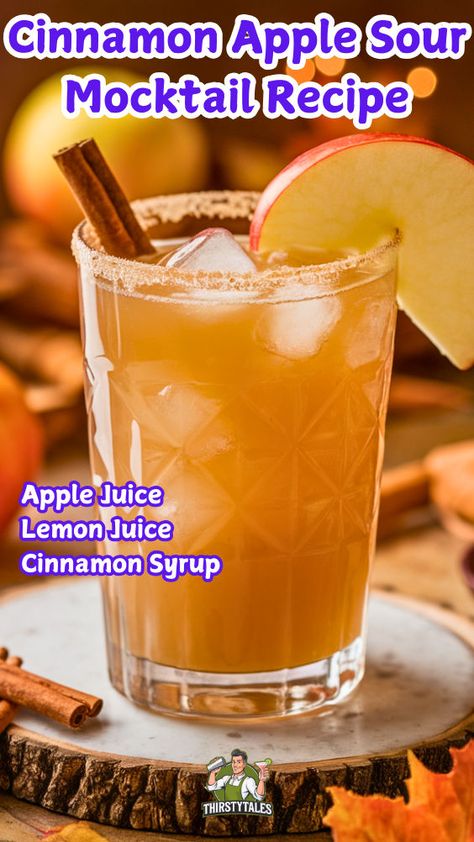 "Discover the perfect blend of flavors with this Cinnamon Apple Sour Mocktail Recipe! This delightful Cinnamon Apple Mocktail is a must-try for anyone seeking refreshing Fall Mocktail Ideas. Enjoy the crisp taste of apples combined with a hint of cinnamon in this easy-to-make Non-Alcoholic Drink. Ideal for gatherings, this festive beverage recipe will impress your guests and elevate your celebrations. Explore more delicious Apple Cocktail Recipes and make your next event unforgettable!" Easy Fall Mocktail Recipe, Mocktails Non Alcoholic Apple Cider, Apple Mocktail Non Alcoholic, Fall Mocktails Non Alcoholic Big Batch, Mocktail With Cinnamon, Apple Cocktail Recipes, Apple Cocktail, Cinnamon Syrup, Alcohol Free Drinks