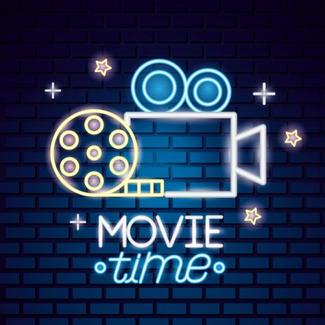 Movie time neon sign sign Free Vector | Premium Vector #Freepik #vector #camera Vintage Film Strip, Movie Clapper, Air Movie, Neon Symbol, Cinema Sign, Bollywood Party, Neon Room, Mandala Background, Festival Background