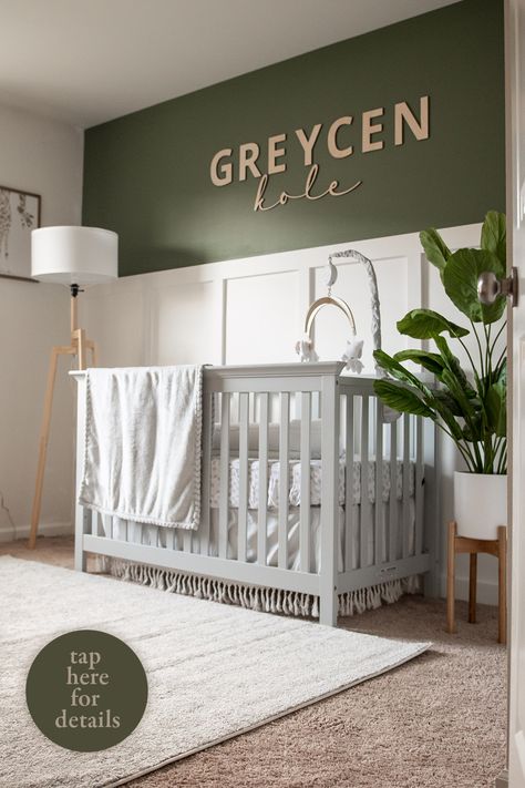 Baby boy nursery | boy nursery room ideas | boho nursery | baby boy nursery ideas | organic nursery | nursery inspiration | baby boy room tour | nursery organization | nursery ideas | baby boy nursery decor | gender neutral nursery | simple nursery Green Accent Wall With Grey Crib, Sage Green Shiplap Wall Nursery, Green Nursery Grey Crib, Hunter Green Boy Nursery, Baby Boy Simple Nursery, Accent Wall Baby Boy Nursery, Baby Boy Accent Wall, Green Wall Nursery Boy, Nursery Aesthetic Boy