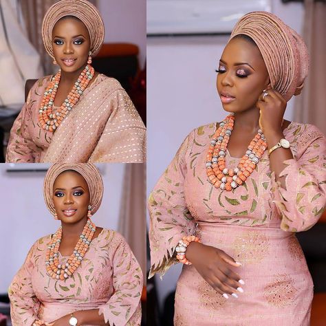 Ms Asoebi on Instagram: “@decadenttreats_ng looked all shades of crisp in this Rose gold goodness Aso-oke Super Q Makeup and gele by @zainabazeez Beads by @geebalo…” Rose Gold Asoebi, Gold Asoebi, Gold Aso Oke, Asoebi Lace, Nigerian Wedding Dresses Traditional, Nigerian Wedding Dress, Yoruba Bride, Nigerian Traditional Wedding, Rose Gold Lace