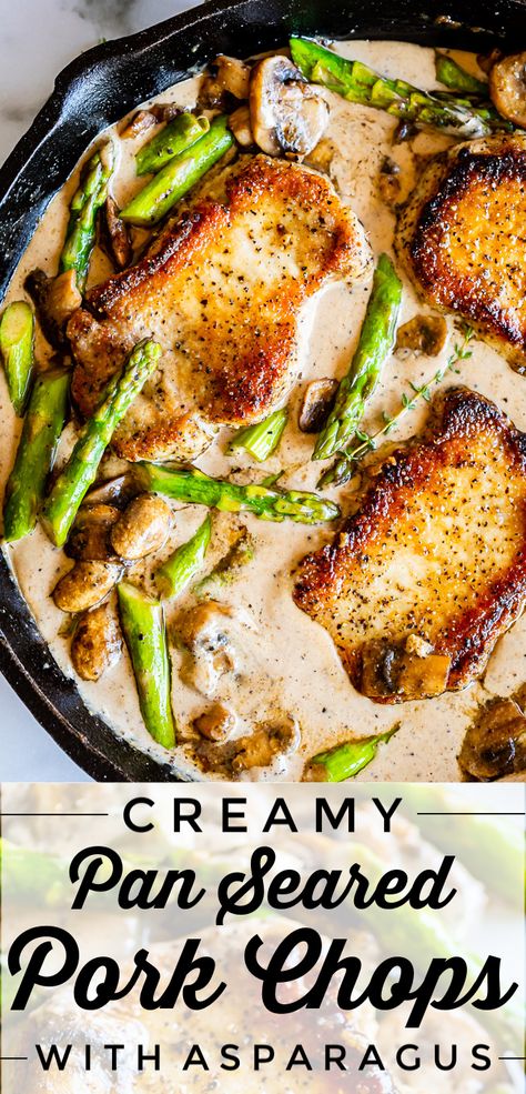 Creamy Pan Seared Pork Chops with Asparagus from The Food Charlatan. Creamy Pan Seared Pork Chops is such an easy weeknight dinner! Juicy boneless pork chops are seared over high heat to get that irresistible crust. Sautéed mushrooms and asparagus in a creamy pan sauce bring it all together. Dinner is done in about 30 minutes! #panseared #porkchop #easy #recipe #boneless #healthy #skillet #balsamic #creamy #asparagus #mushroom #pansauce #onthestove #stovetop #cream #pepper #garlic #weeknight Pork Chops With Asparagus, Pork Chop And Asparagus Recipes, Easter Pork Chops, Pork Rib Chops Recipe, Pork Chops And Asparagus, Healthy Skillet, Fillet Recipes, Asparagus Mushroom, Pan Seared Pork Chops