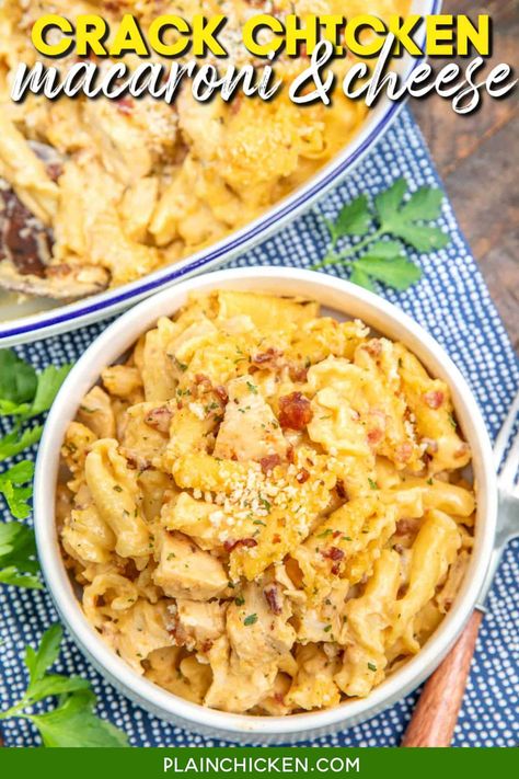 Crack Chicken Macaroni and Cheese Recipe - THE BEST macaroni and cheese EVER! Campanelle pasta, butter, flour, ranch seasoning, heavy cream, milk, salt, pepper, cheddar cheese, chicken and bacon. Can make in advance and refrigerate or freeze for later. Comfort food at its best! Cracked Chicken, Chicken Macaroni And Cheese, Campanelle Pasta, Chicken Mac And Cheese, Chicken Macaroni, Cheddar Cheese Recipes, Recipe Inspirations, Best Macaroni And Cheese, Braised Brisket