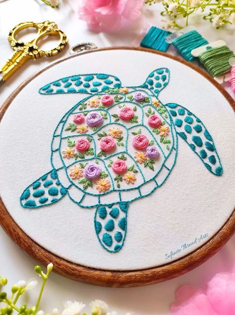 Asnimar Embroidery Share and Discussion | Floral Turtle 🌸 Embroidery Pattern available as a digital download in my Etsy shop - https://infinitethreadarts.etsy.com/listing/1766042470 | Facebook Turtle Embroidery, Rose Stitch, Embroidery Works, Thread Art, Hand Embroidery Pattern, Modern Embroidery, Embroidery Hoop Art, Hand Embroidery Patterns, Hoop Art