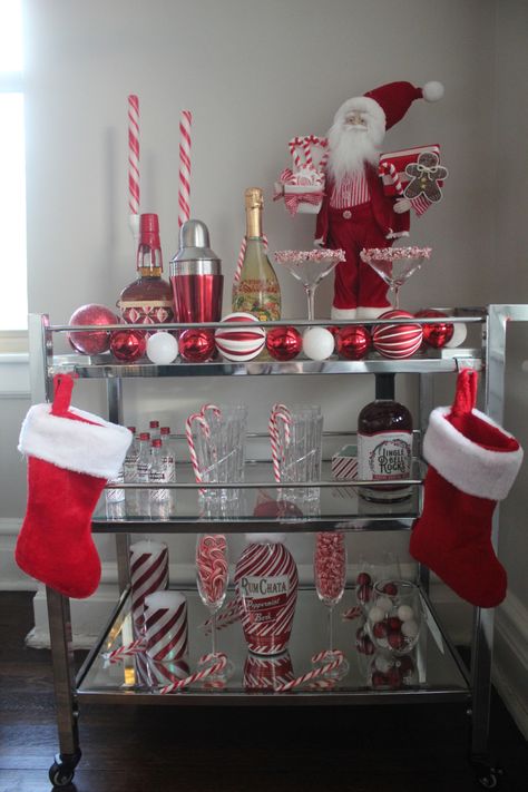 bar cart christmas candycane decor Christmas Bar Decorations House, Bar Cart Christmas Decor, Christmas Bar Cart Ideas, Christmas Bar Decorations, Christmas Bar Cart Styling, Bar Cart Christmas, Christmas Bar Cart, Holiday Bar Cart, Wine Cart