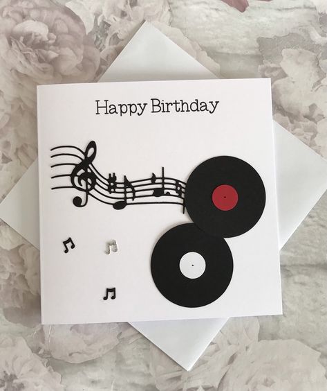 Vinyl Record Birthday Card, Retro Record Card for Dad, Music Lover Card, DJ Card, Card for Him-Her, Music Gift, Record Collector, UK Shop Super charming card featuring vinyl records and intricate music notes. Perfect card for a Music lover, DJ or Musician. Truly stylish handmade card that will surely put a smile on the recipient's face. This 14.5 cm x 14.5 cm (6'' x 6'') 250 gsm card features the printed sentiments 'Happy Birthday'. Quality card stock has been used for the vinyl records and musi Vinyl Record Birthday, Musical Greeting Cards, Record Card, Musical Cards, Happy Birthday Cards Handmade, Sister Birthday Card, Simple Birthday Cards, Homemade Birthday Cards, Masculine Birthday Cards