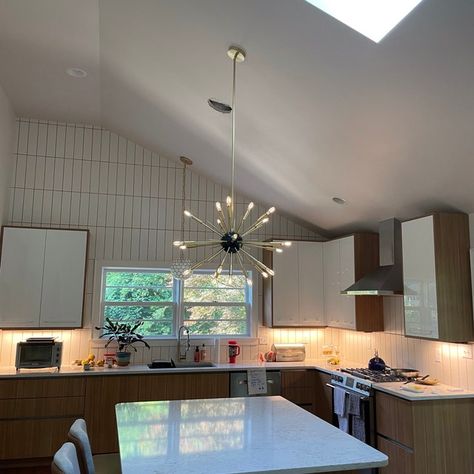 Slope Ceiling Lighting, Kitchen Sloped Ceiling, Sloped Ceiling Living Room, Sloped Ceiling Lighting, Angled Ceiling, Angled Ceilings, Slanted Ceiling, Kitchen Makeovers, Semi Flush Lighting