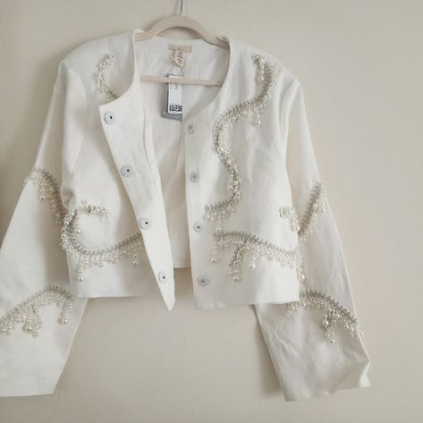 "H&M Bead-Embellished Linen Jacket Off White /Creamsz M,Xl Bnwt" Lis Bedazzled Jacket, Embellished Jean Jacket, Glitter Jacket, Light Pink Blazers, Dark Blue Blazer, Off White Blazer, Embellished Clothing, Fashion Crafts, Chanel Jacket