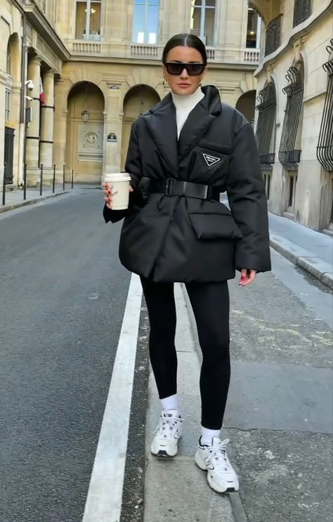 Casual Puffer Jacket Outfit, Prada Jacket Outfit, Prada Jacket Women, Prada Sneakers Outfit, Moncler Jacket Women Outfit, Moncler Outfit, Prada Outfits Women, Moncler Aesthetic, White Puffer Jacket Outfit