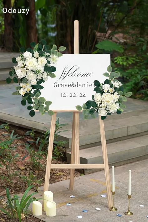 Artificial Flower Wreath White Wedding Welcome Flowers Arch - Temu Floral Swag Wedding, Wedding Artificial Flowers, Sign Flowers, Wedding Sign Decor, Welcome Flowers, Reception Entrance, Green Wedding Flowers, Purple Home Decor, Artificial Peony