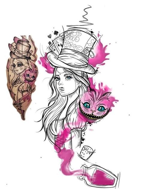 Cute Alice In Wonderland Tattoo, Steampunk Alice In Wonderland Tattoo, Alice In Wonderland Tattoo Ideas Sketches, Tattoo Ideas Alice In Wonderland, Alice In Wonderland Tattoo Sleeve, Cheshire Cat Drawing, Dark Disney Tattoo, Cheshire Cat Tattoo, Gotik Tattoo