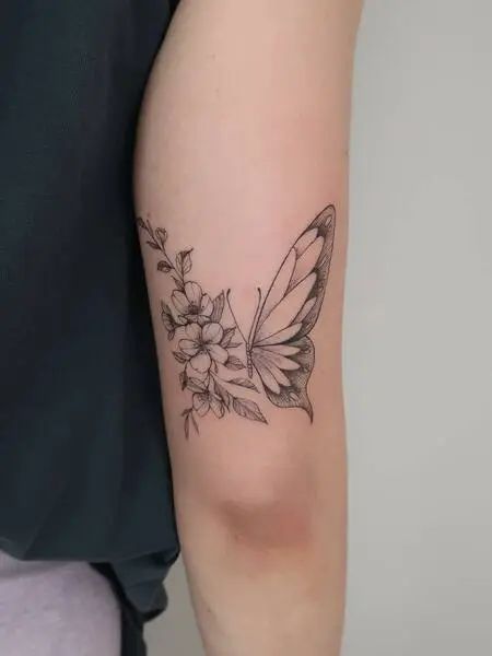 Butterfly And Cherry Blossom Tattoo Butterfly Cherry Blossom Tattoo, Cherry Blossom Butterfly Tattoo, Cherry Blossom Forearm Tattoo, Cherry Blossom Butterfly, Tattoo Papillon, Cherry Blossom Tattoos, Simple Butterfly Tattoo, Real Tattoos, Sakura Tattoo