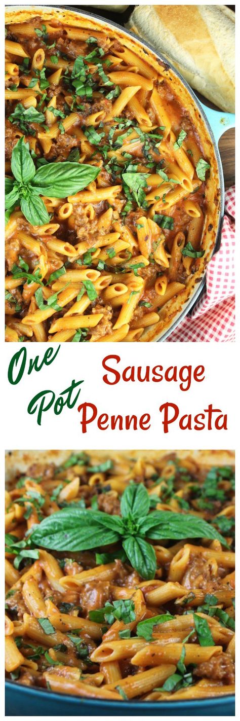 One Pot Sausage Penne Pasta Recipe ~ Perfect for busy weeknights from MissintheKitchen.com #Sponsored by Barilla Recipes For Dinner Sausage, Ww Pasta, Pasta Recipes For Dinner, Sausage Penne Pasta, One Pot Sausage, Pasta One Pot, Penne Pasta Recipe, Recipes Hamburger, Sausage Penne