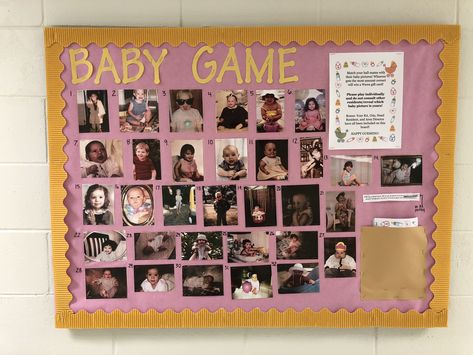 RA Bulletin Board. Baby game. Baby Photo/Picture guessing game. RA initiatives. Employee Interactive Wall, Guess Who Teacher Bulletin Board, Nursing Break Room Ideas, Sunshine Committee Bulletin Board, Guess Who Bulletin Board Ideas, Employee Appreciation Bulletin Board Ideas, Nurse Week Games, Nurse Break Room Ideas, Engagement Bulletin Board