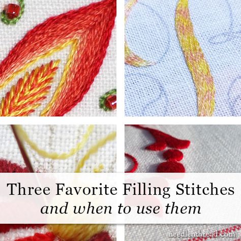 Three Favorite Filling Stitches & When to Use Them – NeedlenThread.com Embroidery Stitches For Filling In, Types Of Embroidery Stitches, Long And Short Stitch, Stitch Pictures, Hand Embroidery Projects, Hand Work Embroidery, Needlework Embroidery, Types Of Embroidery, Craft Stuff