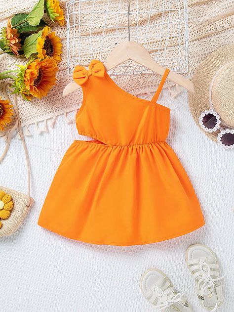 Orange  Collar Sleeveless Woven Fabric Plain A Line Embellished Non-Stretch  Baby Girls Clothing Asymmetrical Collar, Summer Orange, Slim Fit Top, Dress Elegant, Summer Baby, Kids Beachwear, Collar Dress, Girls Clothing