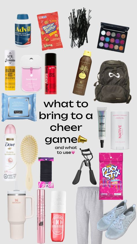 #cheer #game #preppy #inspo Game Day Packing List Cheer, Stuff To Put In Your Cheer Bag, Cheer Equipment For Home, Cheer Game Day Checklist, What To Pack For Cheer Practice, What To Put In Ur Cheer Bag, What To Pack For Cheer Competition, Whats In My Cheer Bag, Cheer Bag Essentials Game Day