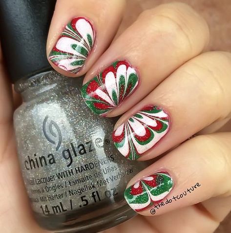 Cute Winter and Christmas Nail Ideas #Marbled red and green nail art - Crafty Morning Christmas Nail Ideas, Crafty Morning, Candy Cane Nails, Green Nail Art, Nail Board, Red Christmas Nails, Water Marble, Winter And Christmas, Polish Ideas