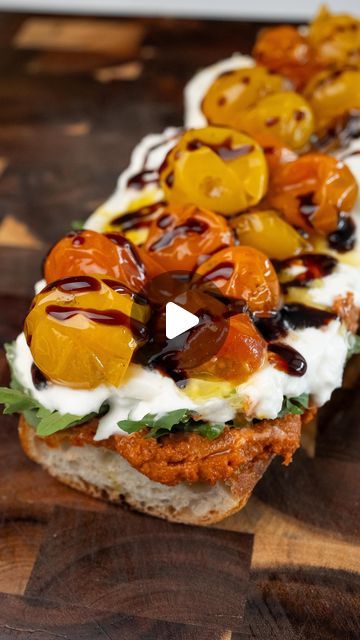 Burrata Sandwich, Cherry Tomato Confit, Sandwich Baguette, Tomato Confit, Roasted Red Pepper, Cherry Tomato, Sandwich Recipe, Sweet Cherries, Roasted Red Peppers