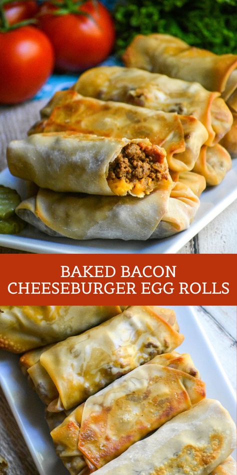 Easy Yummy Recipes For Dinner, Bacon Cheeseburger Eggrolls Recipe, Baked Cheeseburger Eggrolls, Superbowl Foods Dinners, Keto Cheeseburger Eggrolls, Fun New Dinner Ideas, Non Traditional Egg Rolls, Yummy Comfort Food Dinners, Stuffed Food Recipes