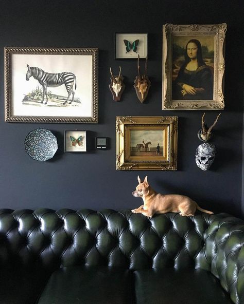 Naturalist Decor, Art Walls, Perfect Gallery Wall, Relax And Unwind, Dark Walls, Dark Interiors, Inspiration Wall, Farrow Ball, Home Decor Inspiration