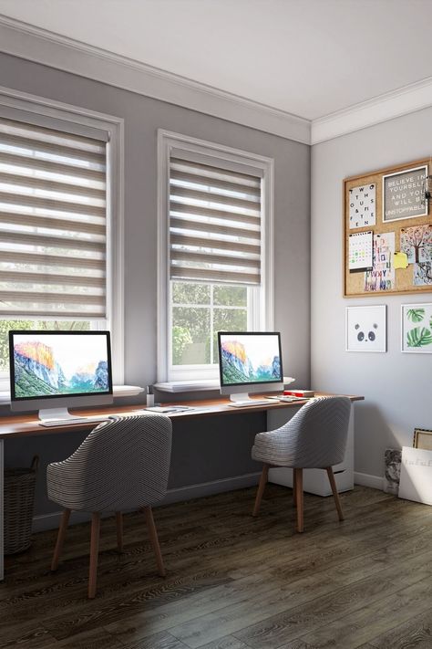 Home Office Ideas Desk Facing Window, Office Desk Facing Window, Dual Office Ideas Home, Dark Wood Floors Living Room, Bungalow Bedroom, Office Blinds, Work Office Decor, Small Home Office, Mediterranean Home