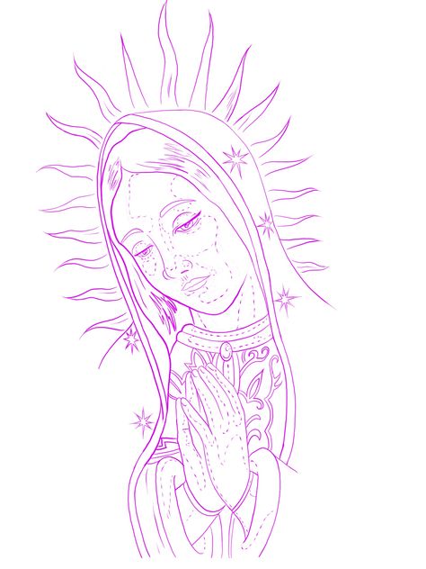 Random Tattoo Stencil, Rare Tattoo Stencils, Virgin Of Guadalupe Drawing, Virgin Mary Outline Drawing, The Virgin Mary Drawing, Drawing Ideas Mexican Culture, Virgencita Drawing Chicana, Chinacos Drawings, Virgin Mary Tattoo Stencil Outline