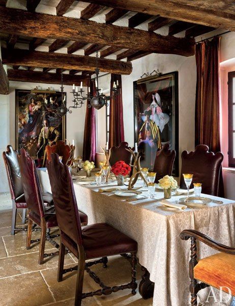 A dining room is restored to its medieval grandeur in a former castle in Italy's Umbria region. Medieval Dining Room, Martyn Lawrence Bullard Design, Geometric Side Table, Martyn Lawrence Bullard, Italian Interior, Mediterranean Home Decor, Tuscan Decorating, Mediterranean Home, Inviting Home