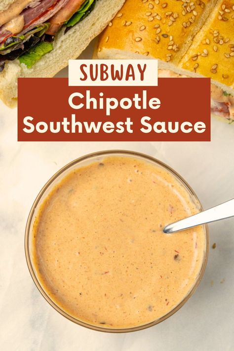 We all know that a sauce can make or break your sandwich. This Copycat Subway Chipotle Southwest Sauce will take your sandwich to the next level with just a few simple ingredients. You just need 5 minutes, five ingredients, and a blender (or food processor) to make this versatile sauce that can be used on sandwiches, wraps, chicken strips, and fries Chipotle Southwest Sauce Subway, Copycat Subway Chipotle Southwest Sauce, Subway Sauce Recipe, Subway Southwest Chipotle Sauce, Subway Chipotle Sauce, Subway Southwest Sauce, Subway Chipotle Southwest Sauce, Subway Sauces, Chipotle Southwest Sauce