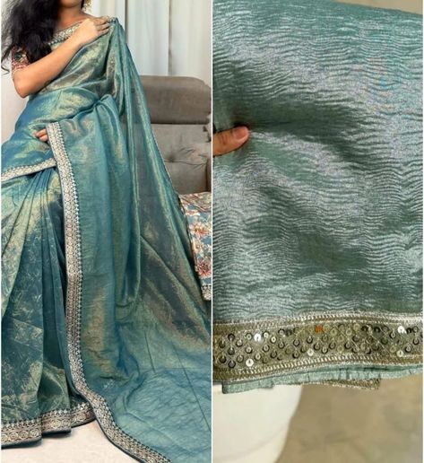 ***BANARASI CRUSHED TISSUE SILK FABRIC SAREE with beautiful LACE WORK ~Running blouse and pallu CODE: HPOO1156 WHATSAPP @ 8618709919 / DM **Humble Pleats offers ALL INDIA FREE SHIPPING **Accepts online payments. Do not offer exchanges, cash on delivery, or returns - except for damaged products. In the case of a damaged product, it must be in its original condition in order to be eligible for a return.***Light smudges, mild colour difference,small thread pulls will not be considered as... Crushed Tissue Saree, Onam Saree, Saree Styling, Saree Traditional, Tissue Saree, Unboxing Video, Traditional Sarees, Saree Styles, Women Supporting Women