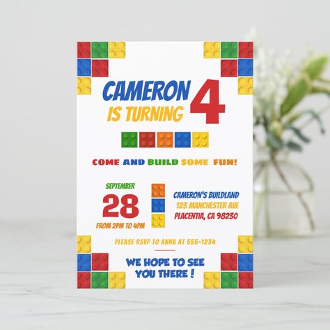 Colorful Bricks Building Blocks Birthday Invitation Lego Birthday Invitation, Lego Invitations, Kid Parties, Lego Birthday Party, Lego Birthday, Lego Party, Themed Birthday Party, Brick Building, Invitation Card Design