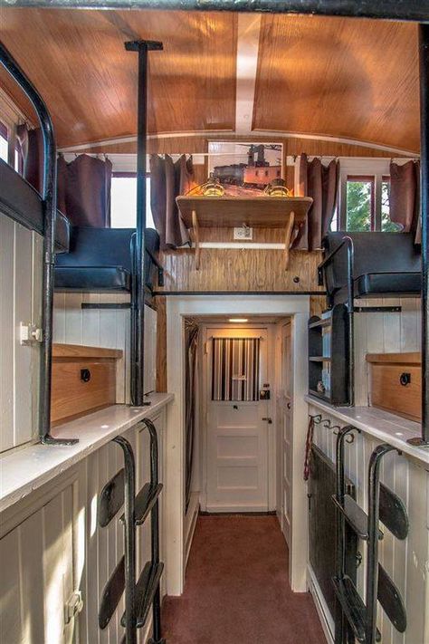 This is a 228 sq. ft. railroad caboose to cabin conversion. It’s about 31ft long and 8.5ft wide. Originally built in 1910 in Albans, Vermont. Please enjoy, learn more, and re-share below. Tha… Investment Ideas, Car House, Garden Railway, Olympia Washington, Small Tiny House, Train Cars, Railroad Pictures, Luxury Train, Old Trains