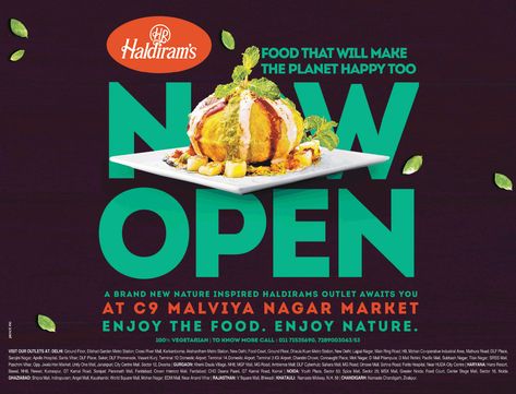 haldirams-food-that-will-make-the-planet-happy-too-now-open-ad-delhi-times. Check out more Hotels & Restaurants   Advertisement Advertisement Collection at   https://www.advertgallery.com/product-  category/advertisements-by-category/hospitality Food Gifs, Open Restaurant, Restaurant Poster, Food Poster Design, Enjoy Nature, Food Poster, Creative Ads, Now Open, Hotel Restaurant