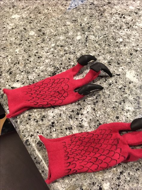 These were the finished gloves.  They were made from left over knit tights that I used for the shoes.  I just made three finger gloves and attached the foam talons. Knit Tights, Finger Gloves, Left Over, Halloween Costumes, Gloves, Tights, Knitting, Halloween