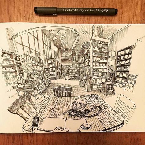 Check out this #fisheye #penandink #illustration by Paul Heaston (@paulheaston) that he drew in the @tatteredcoverbookstore #coffeeshop. I like the #interiordesign of that place; interesting from and #architecture standpoint. And I love #panoramic #drawings Paul does are great and this one is pretty exceptional. I mean he #handdrew all of those #books and #bookshelves which by itself is amazing but he also included the interesting ceiling hanging lights and so many #wood grain and wicker details Ceiling Hanging Lights, Paul Heaston, Antique Wicker, Wicker Headboard, Art Appliqué, Perspective Art, Wicker Decor, Ceiling Hanging, Sketchbook Inspiration