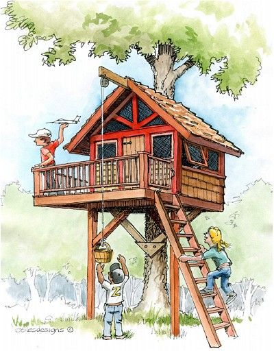 Downloadable Treehouse & Playhouse Plans - Plans For Treehouses And Playhouses. Single Tree Treehouse, Tree House Inside, Kids Gardening Projects, Treehouse Plans, Simple Tree House, Supraviețuire Camping, Welding Electrodes, Playhouse Plans, Tree Fort