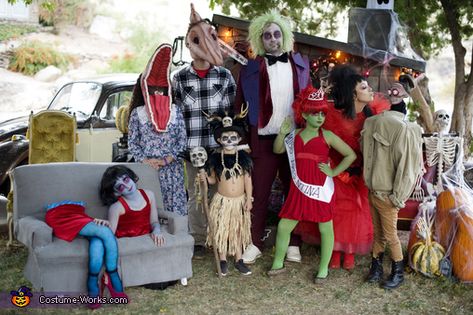 Beetlejuice Family Of 3 Costume, Nettle Juice Costume, Beetle Juice Family Halloween Costumes, Beetle Juice Group Costume, Family Beetlejuice Halloween Costumes, Beatle Juice Family Costumes, Beetle Juice Characters Costume Ideas, Bettle Juice Family Costumes, Beetlejuice Family Costume Halloween