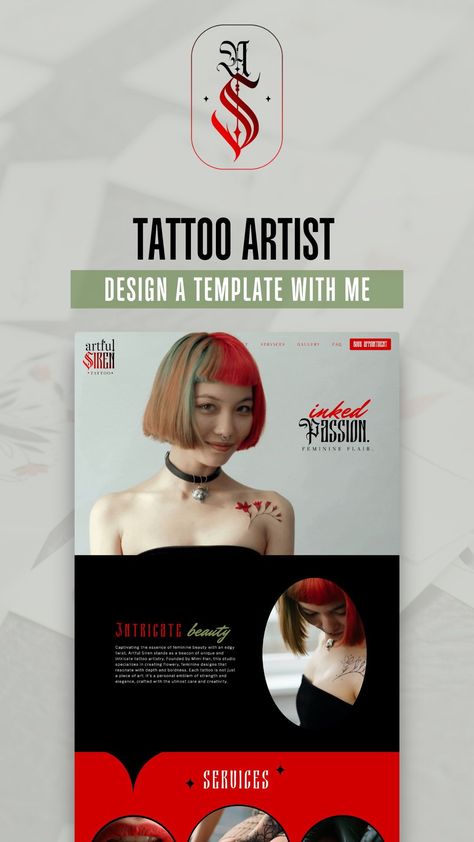 Showit Website Template Single Page for tattoo artist portfolio and branding. Rock and roll, edgy, bold aesthetic with gallery, FAQ, and booking appointment form. Tattoo Artist Portfolio, Web Design Gallery, Bold Aesthetic, Showit Website Template, Artist Branding, Website Template Design, Showit Website, Artist Portfolio, Web Designs