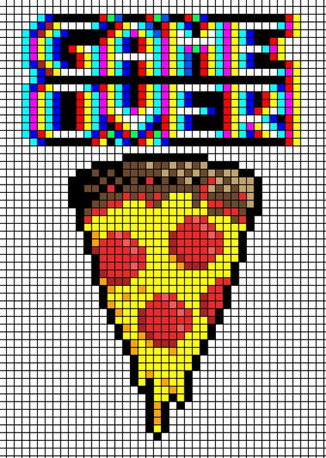 Game over pizza cross stitch pattern. Perler bead pattern Game Over Perler Beads, Game Over Cross Stitch, Pizza Cross Stitch, Pixel Art With Grid, Pixel Art Difficile, Pixel Art Simples, Cross Stitch Games, Image Pixel Art, Modele Pixel Art