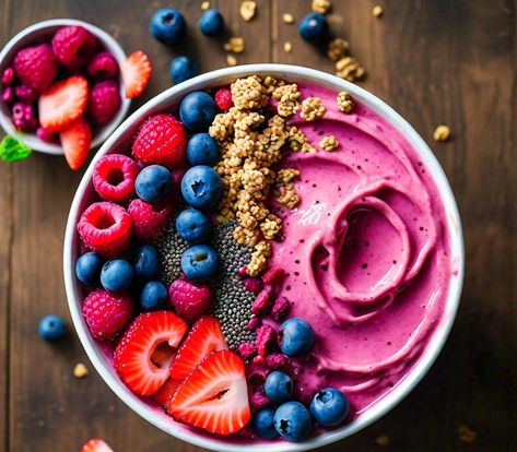 A bright smoothie bowl filled with berries, chia seeds, and granola on a rustic wooden surface. A Healthy Breakfast, Smoothie Bowl, Chia Seeds, Hd Images, Granola, Chia, Healthy Breakfast, Smoothie, Seeds