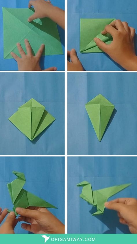 An origami paper green dinosaur Easy Dino Origami, Origami Dinosaur Step By Step, Dino Diy Crafts, Paper Dinosaur Origami, How To Make A Paper Dinosaur, Dinasour Origami Easy, Origami Dinosaur Easy Step By Step, Oragami Dinasour, Post It Origami Step By Step