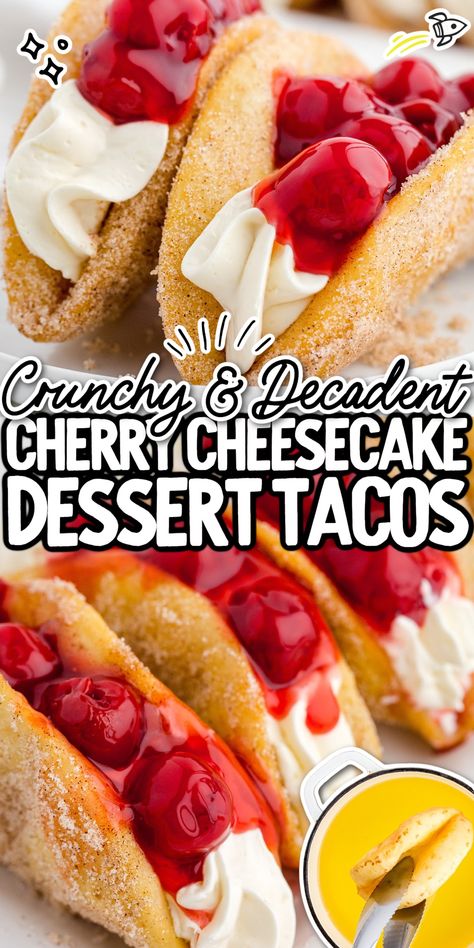 Close-up shot of Cherry Cheesecake Tacos on a plate. Cream Cheese Tacos, Cherry Cheesecake Tacos, Dessert Taco Shells, Fried Taco Shells, Cherry Desert, Traditional Tacos, Filled Churros, Cheesecake Tacos, Crescent Roll Recipes Dessert