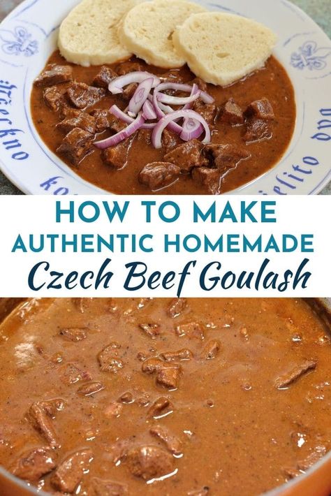 Czech Beef Goulash (Hovězí Guláš) is a thick stew made with beef, onions and spices. Goulash is popular throughout Central Europe, but this version is traditionally Czech. Czech Beef Goulash Recipes, Czech Republic Recipes, Czech Recipes Dinners, Traditional Hungarian Goulash Recipes, Traditional Czech Food, Czech Dinner Recipes, Czech Goulash Recipes, Czech Dumplings Recipe, Polish Goulash Recipes