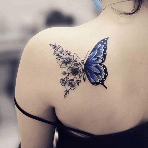 20 Butterfly With Flower Tattoo Ideas To Try In 2024 Blue Butterfly Tattoo With Flowers, Blue Butterfly Flower Tattoo, Blue Butterfly Tattoos For Women, Dark Blue Butterfly Tattoo, Blue Butterfly Tattoo Arm, Half Butterfly Half Angel Wing Tattoo, Black And Blue Butterfly Tattoo, Half Flower Half Butterfly Tattoo, Half Butterfly Half Flower Tattoo