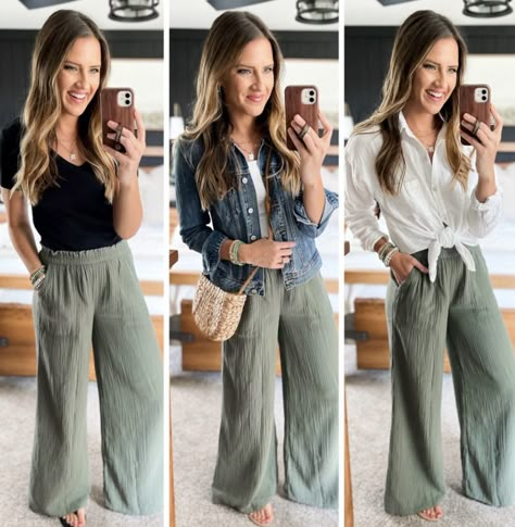 Olive Palazzo Pants Outfit, Boho Pants Outfit Summer, Wide Leg Pants Outfit Summer Casual, Green Wide-leg Pants For Vacation, Green Wide-leg Summer Pants, Olive Linen Pants Outfit, Casual Olive Wide-leg Pants, Green Linen Pants Outfit, Aerie Pool To Party