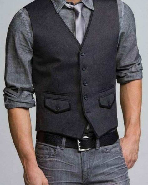 #Men'sFashion, Blue Suit Grey Waistcoat, Blue Suit Blue Shirt, Waistcoat Outfit, Fashion Souls, Mens Vest Fashion, Black Tie Events, Gray Vest, Black Jeans Outfit, Formal Mens Fashion