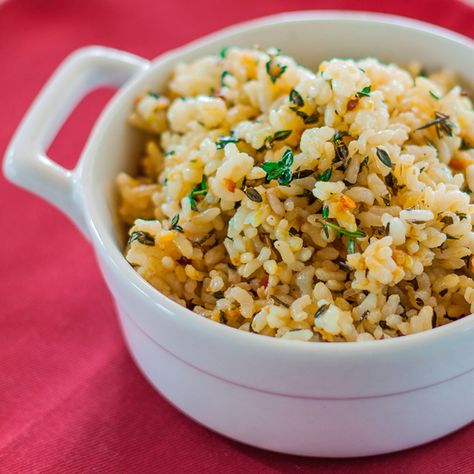 Lemon Brown Rice with Garlic and Thyme Recipe - Emily Farris | Food & Wine Lemon Brown Rice, Brown Rice Side Dish Recipes, Brown Rice Side Dish, Brown Rice Dishes, Healthy Brown Rice, Rice Side Dish Recipes, Thyme Recipes, Rice Side, Brown Rice Recipes